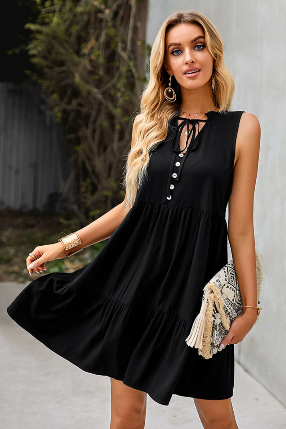 Tiered Ruffled Dress with Decorative Buttons