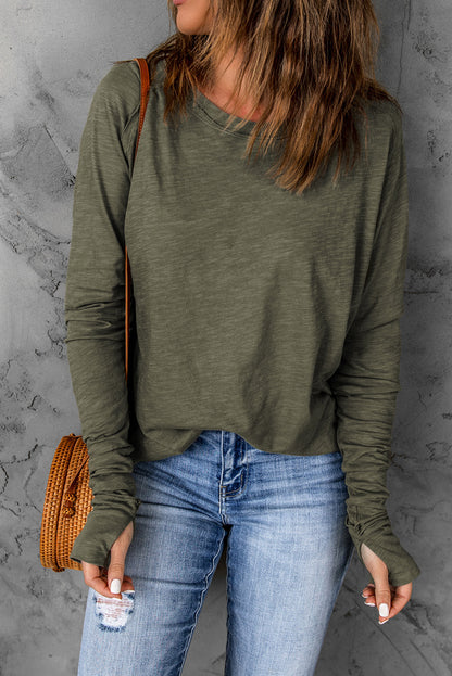 Long Sleeve Round Neck Top - W/Thumbholes