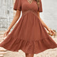 Solid Color V-neck | Lace Trim | Short-sleeve Ruffle Dress