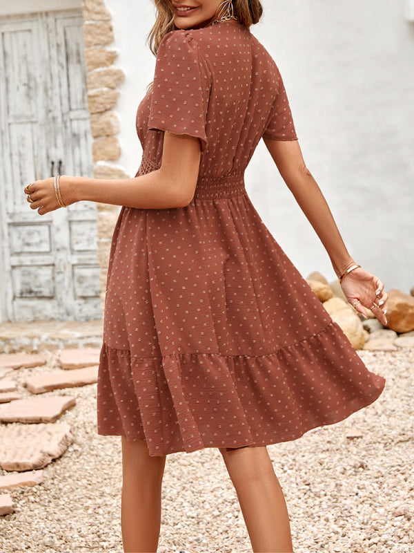 Solid Color V-neck | Lace Trim | Short-sleeve Ruffle Dress
