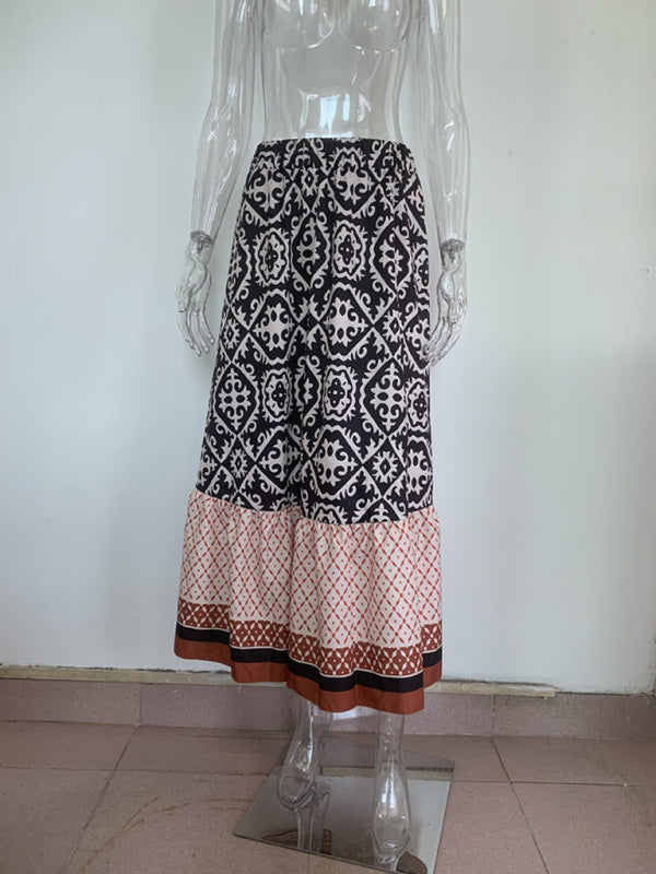 Bohemian Style Print Stitching Swing Skirt